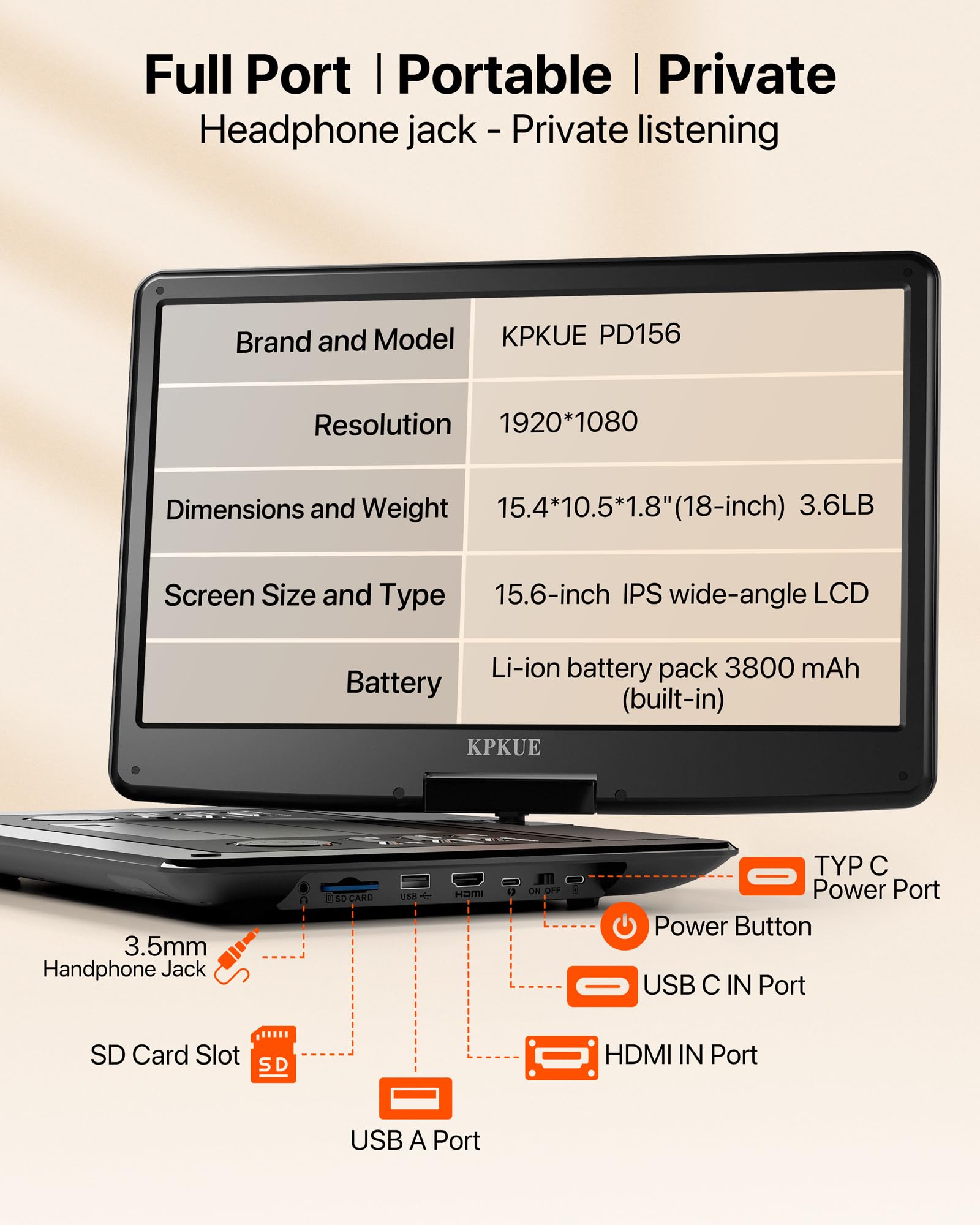 Lettore DVD portatile da 15,6 pollici con schermo FHD - Ampio display girevole per fornire intrattenimento in auto, batteria integrata a lunga durata, supporta più formati di dischi, HDMI, USB, SD