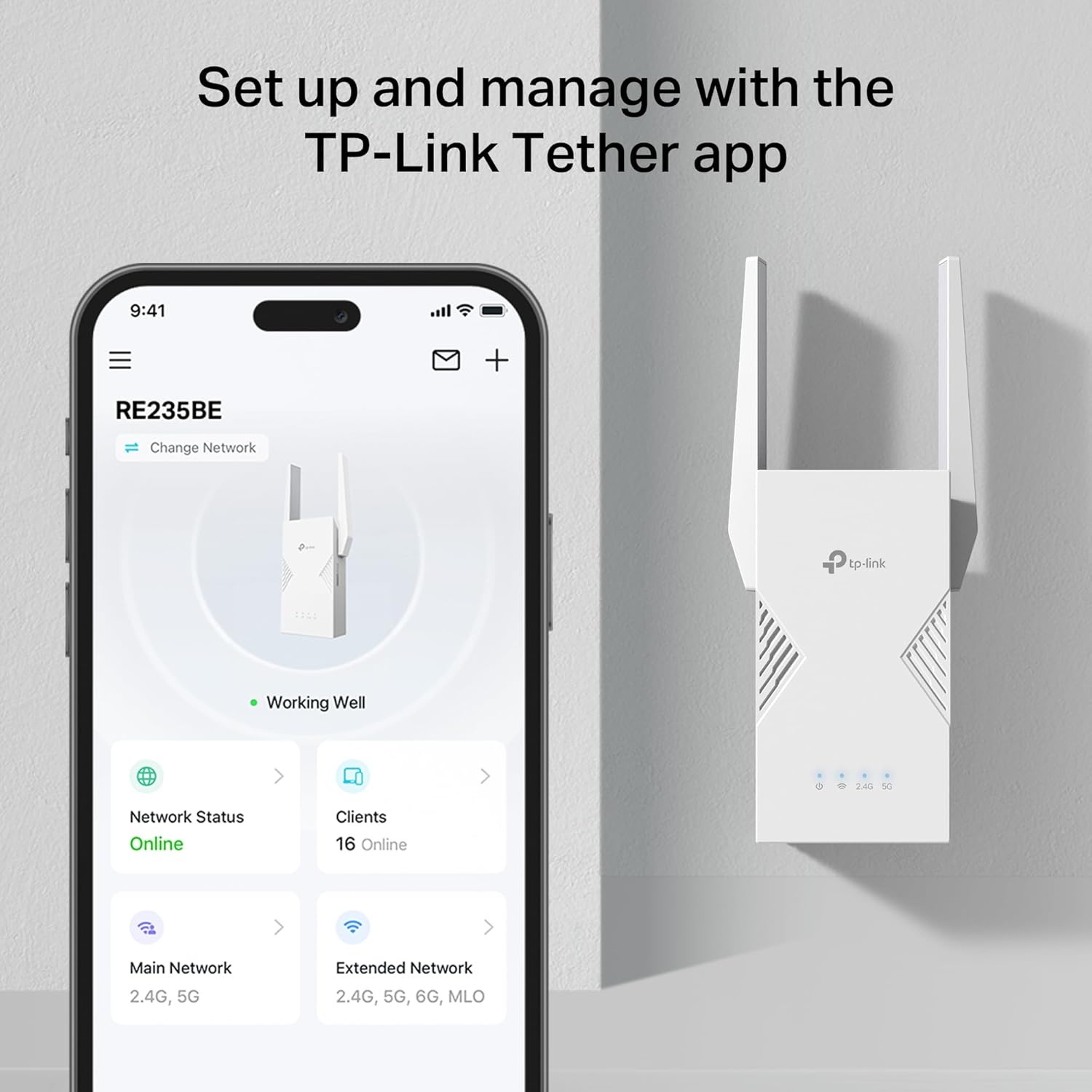 Screenshot of TP-Link Tether app interface with RE235BE