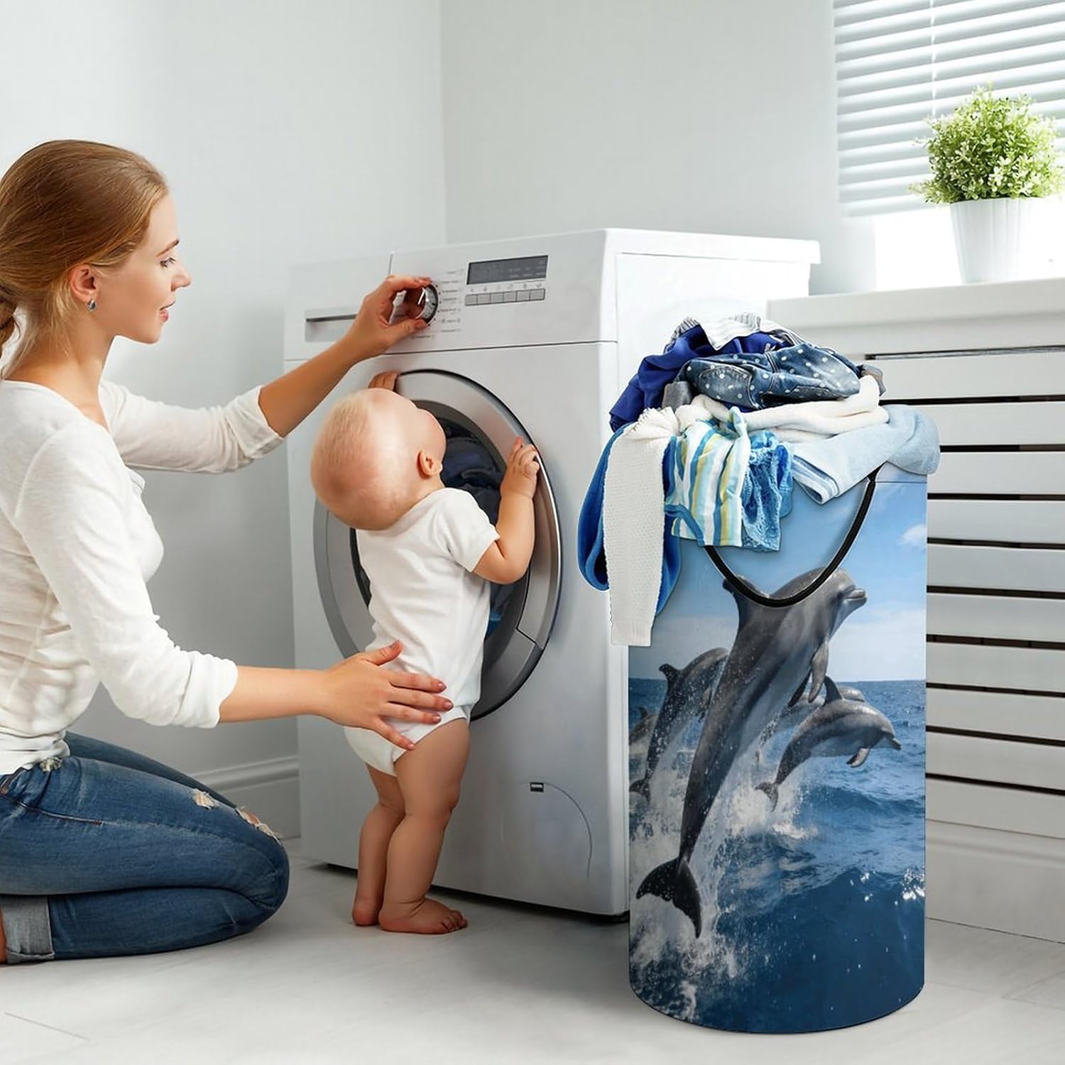 Dolphins Laundry Hamper 86L Waterproof Collapsible Clothes Basket with Double Handles Freestanding Foldable Laundry Basket Large Clothes Hamper for Bathroom