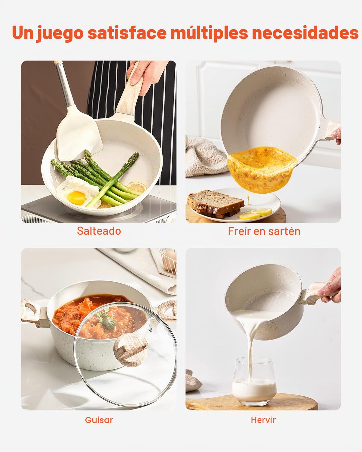 VEVOR Juego de Ollas y Sartenes de 17 Piezas, Antiadherentes de Granito, para Inducción, Apto para Cocina de Autocaravanas, con Tapas de Vidrio Templado y Protectores, Blanco