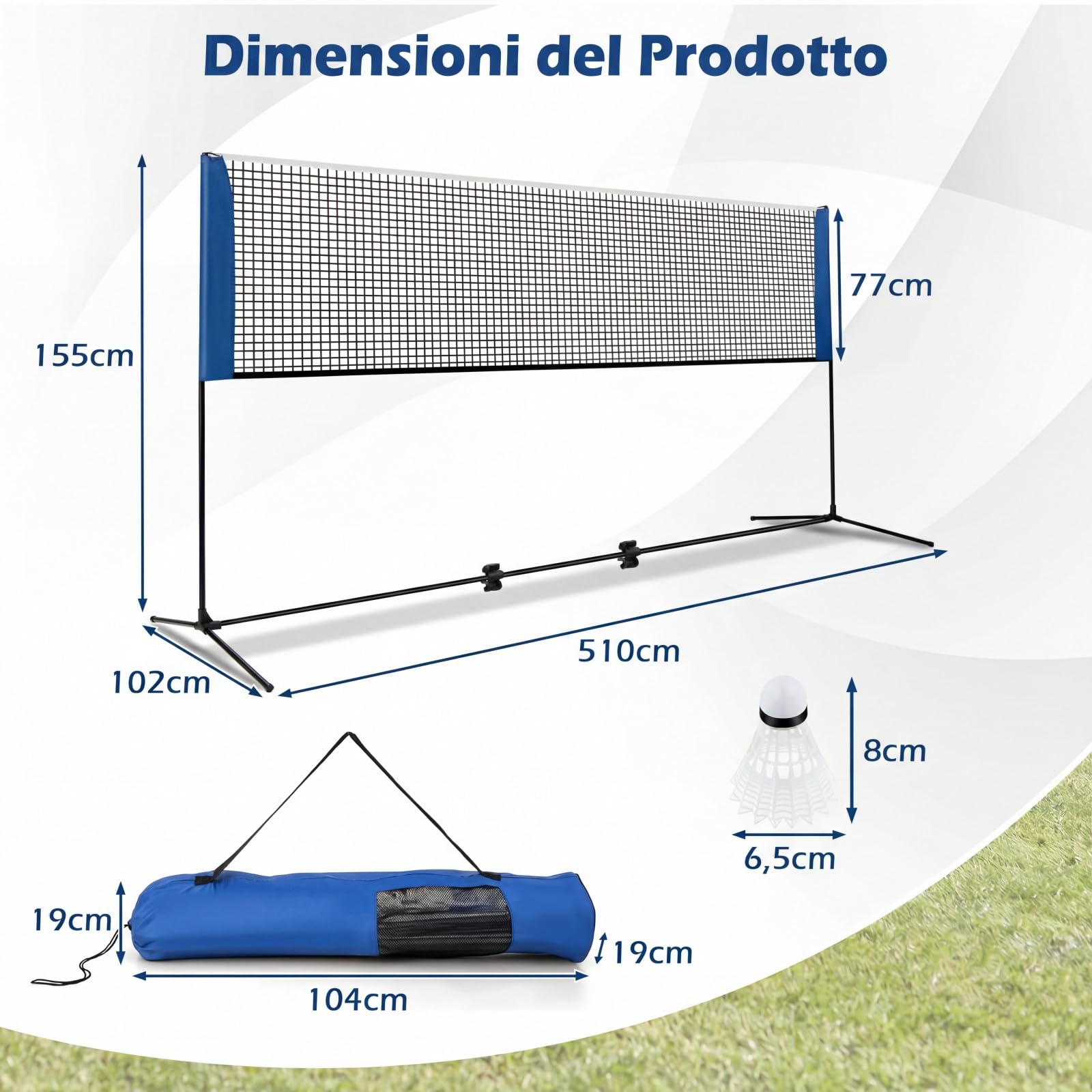 COSTWAY Rete da Badminton 310/420/510 cm Portatile e Regolabile in Altezza, Rete da Badminton con 2 Volani, Tappi per Piedi, Morsetti e Borsa, per Pallavolo e Pickleball