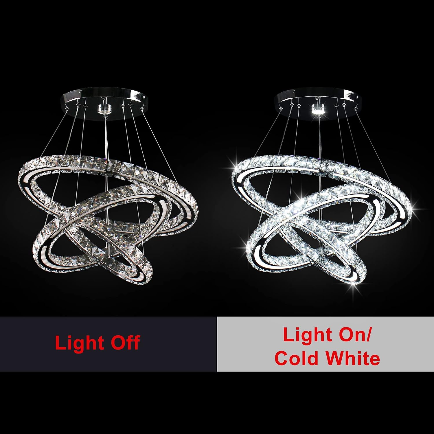 CXGLEAMING LED Chandeliers Modern Ceiling Light Fixture 3 Rings Adjustable Crystal Pendant Light Fixture Ceiling Hanging for Living Room Dining Room Bedrooms Hall 250mm Base 209 Crystals (Cool White)