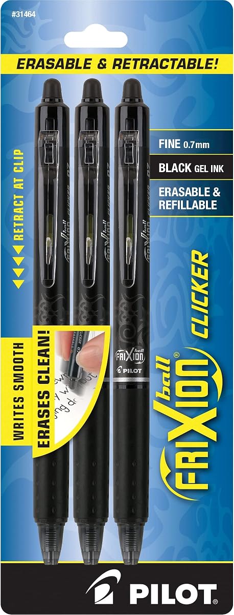 PILOT FriXion Clicker Bolígrafos borrables, punta fina de 0,7 mm, tinta negra, paquete de 3