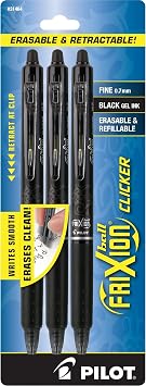 PILOT FriXion Clicker Erasable Pens, Refillable & Retractable Gel Ink Pens, Fine Point 0.7 mm, Black Ink, 3-Pack - Ideal for School, Journaling, Office Writing