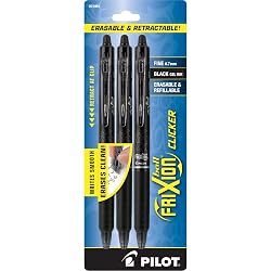 PILOT FriXion Clicker Erasable Pens, Refillable & Retractable Gel Ink Pens, Fine Point 0.7 mm, Black Ink, 3-Pack - Ideal for School, Journaling, & Office Writing