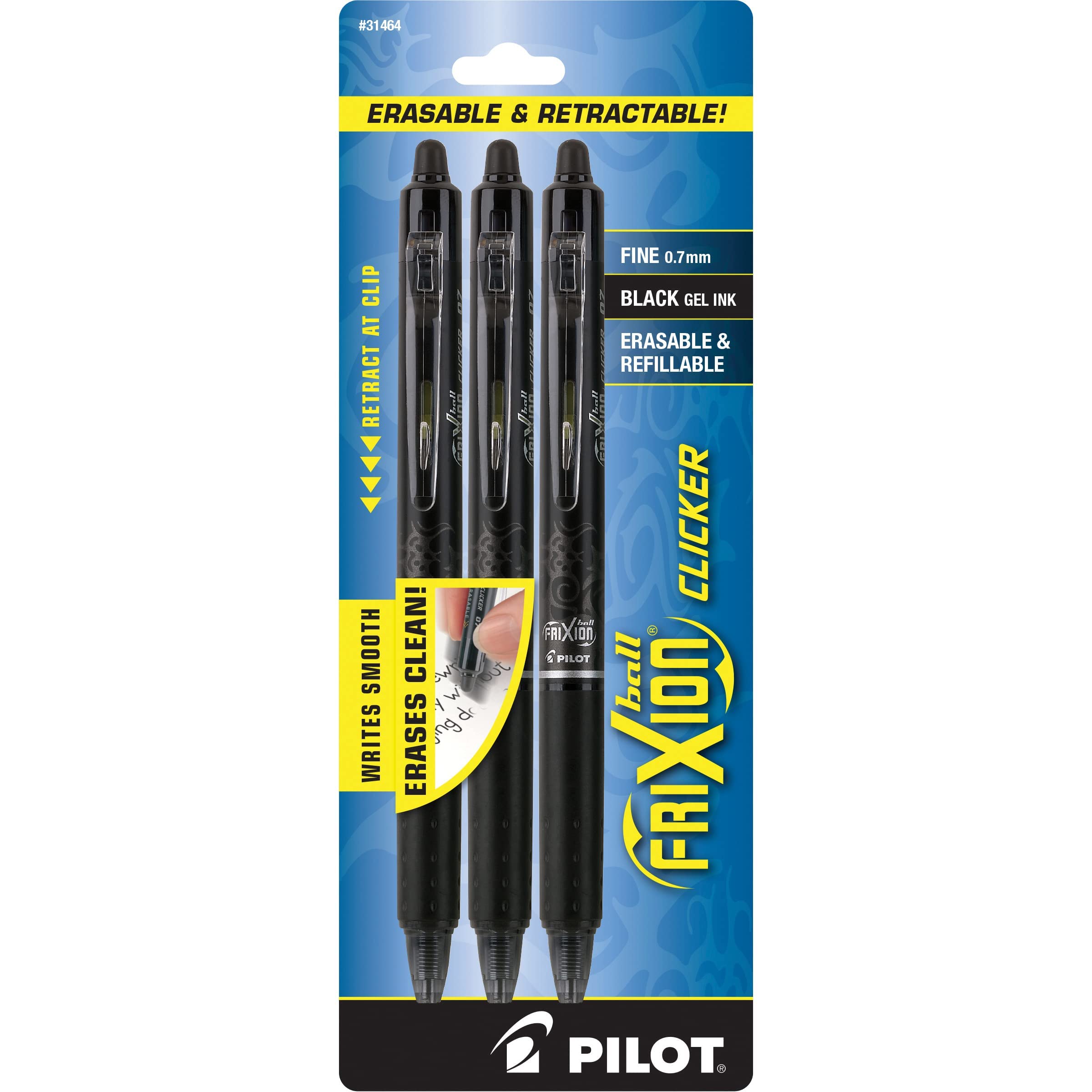 PILOT FriXion Clicker Erasable Pens, Refillable & Retractable Gel Ink Pens, Fine Point 0.7 mm, Black Ink, 3-Pack - Ideal for School, Journaling, & Office Writing