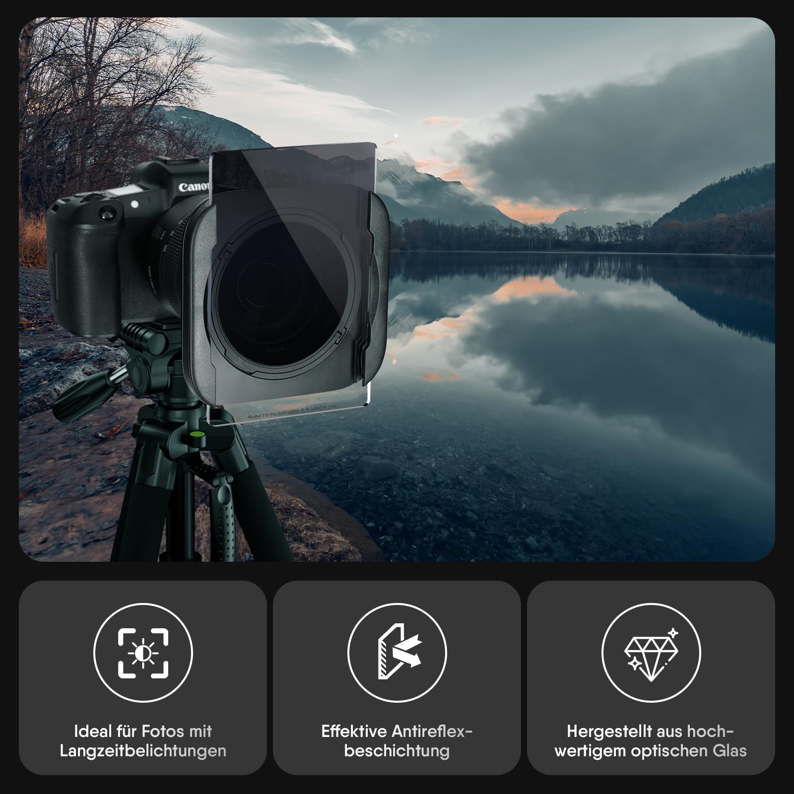 Rollei Filterhalter Master-Set MK 3. Rechteck-Filterhalter inkl. magnetischem CPL Filter, Adapterringen von 52 bis 82mm,Soft GND8-,ND8-,ND64-,ND1000