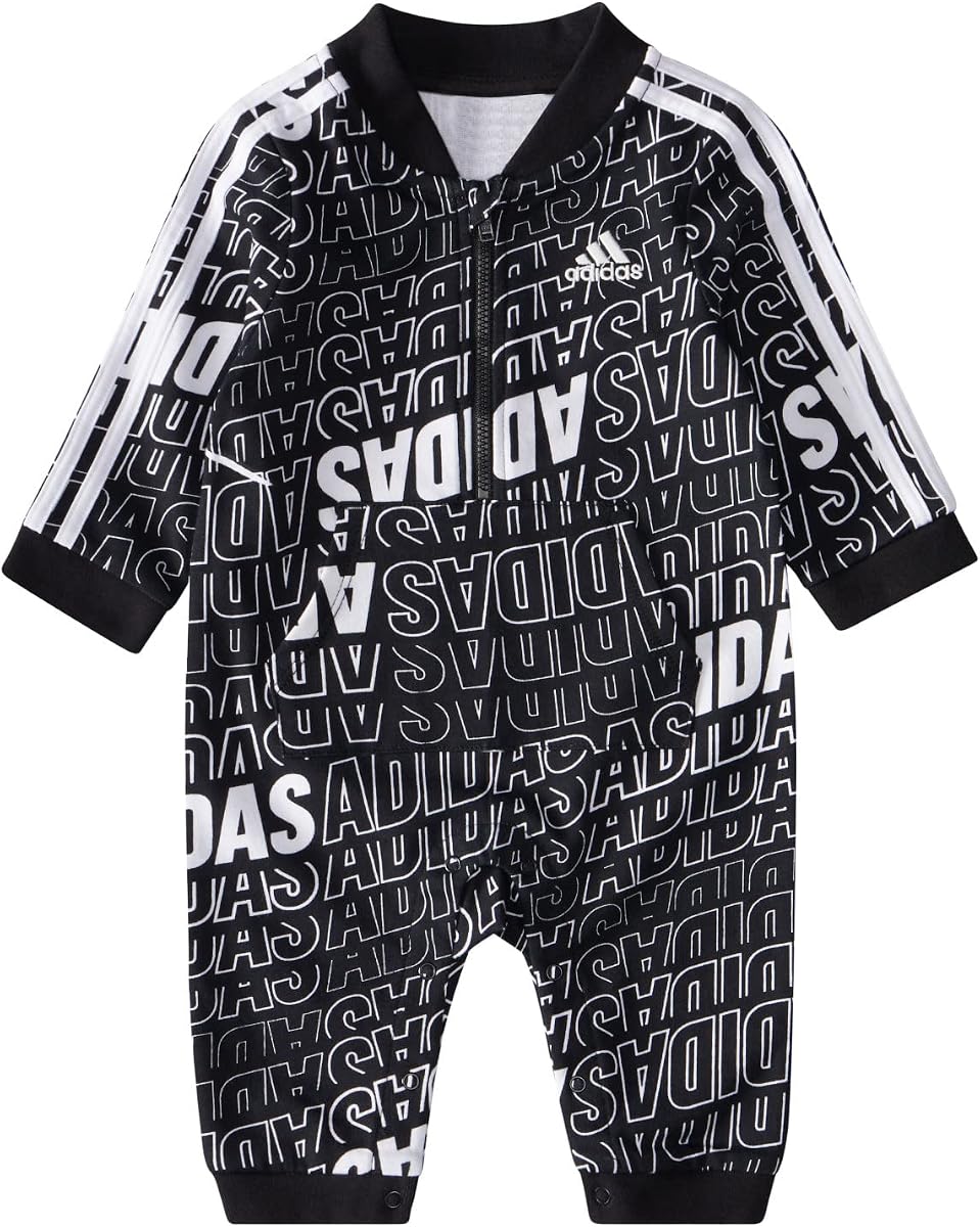 adidas Unisex Infant Girls' and Baby Boys' Long Sleeve Hooded Coverall, Black White, 6 Months