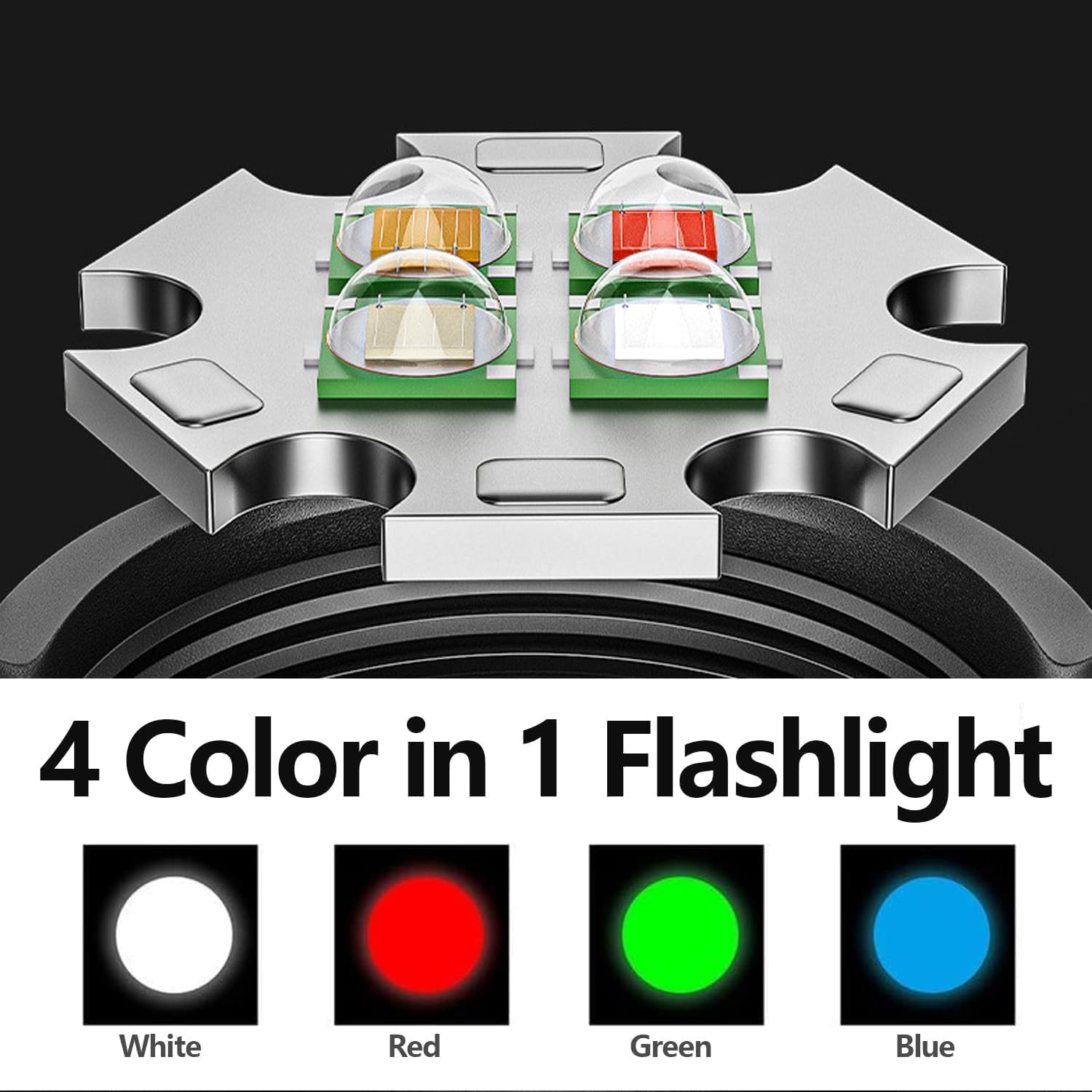 Pocketman RGBW LED Handheld Flashlight 4 in 1 White Red Green Blue Light with 5 Lighting Modes Zoomable Small Torch with Cilp Rechargeable Flash Light Daily Lighting for Outdoor