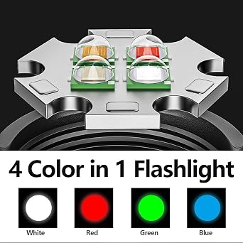 Pocketman RGBW LED Handheld Flashlight 4 in 1 White Red Green Blue Light with 5 Lighting Modes Zoomable Small Torch with Cilp Rechargeable Flash Light Daily Lighting for Outdoor