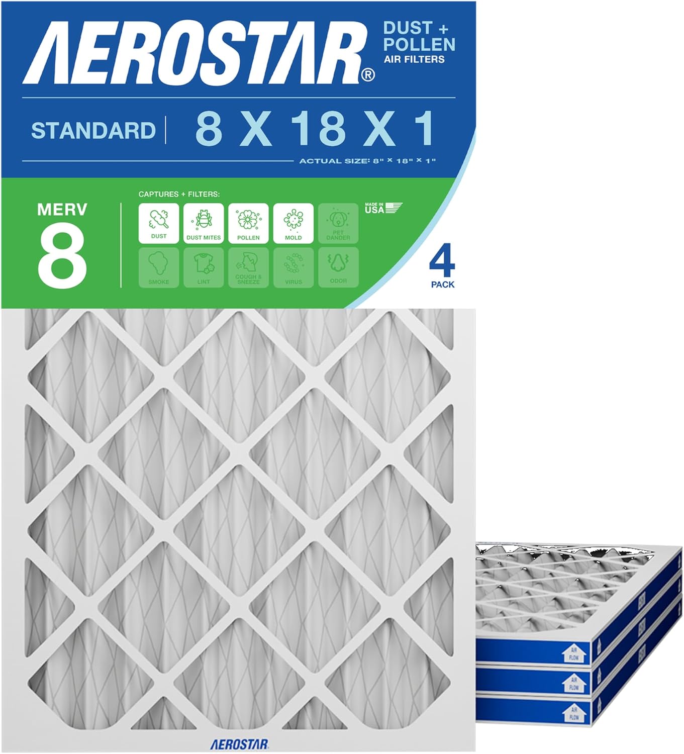 Aerostar 8x18x1 MERV 8 Pleated Air Filter, Dust and Pollen Control (4 Pack), Actual Size: 8x18x1