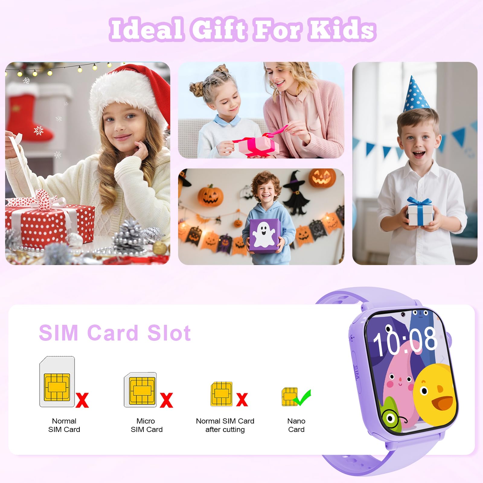 Reloj Inteligente Niño GPS y Llamadas, 4G Smartwatch Niños Niñas con Telefono, SOS, Chat de Voz, Videollamada, Modo Clase, Cámara, Podómetro, Reloj Llamadas Niños Niña Infantil de 4 a 12 Años, Lavanda