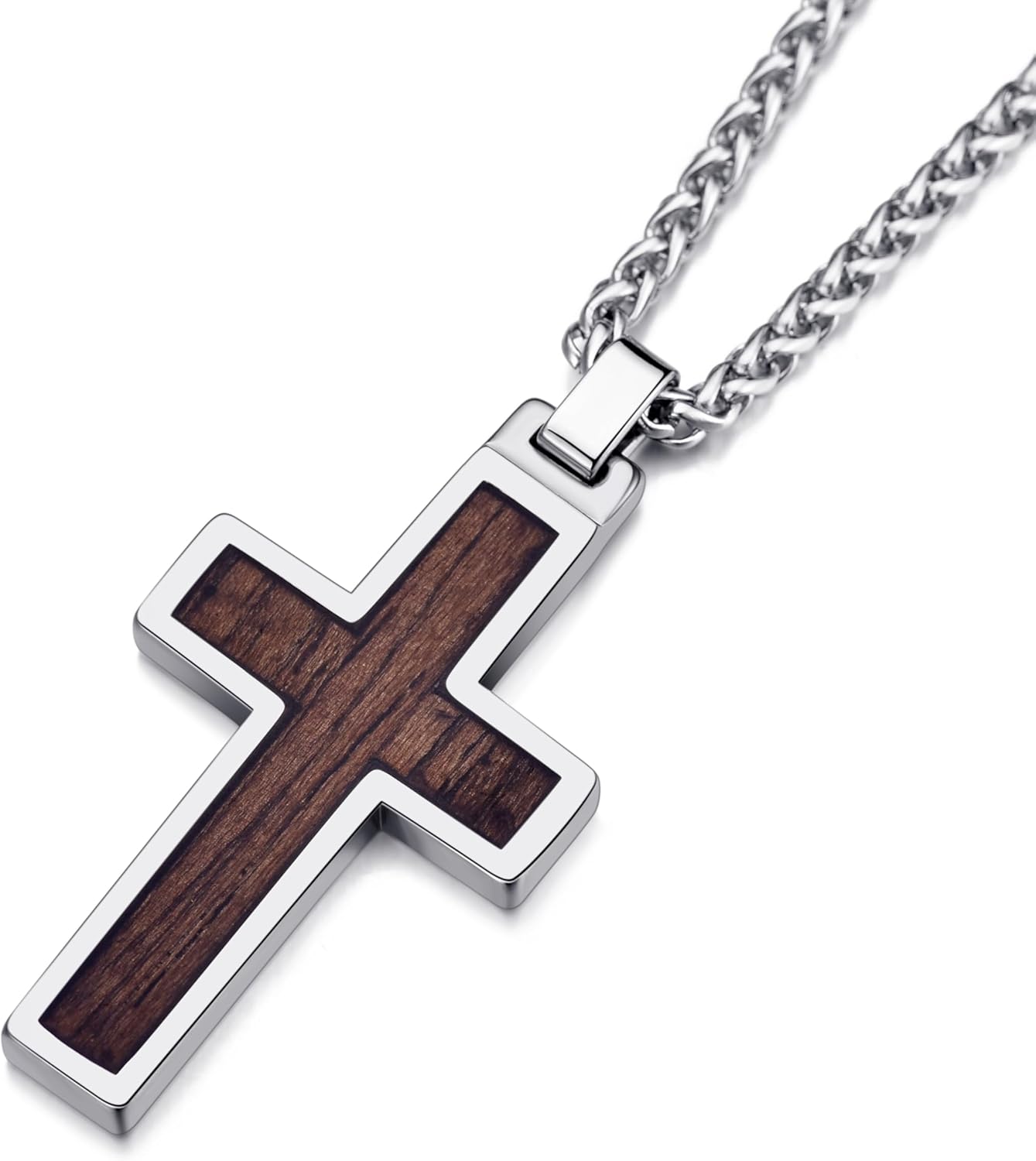MOO&LEE Tungsten Cross Pendant Necklace for Men Wood Inlay Fiber Inlay Cross Necklace Tungsten Jewellery