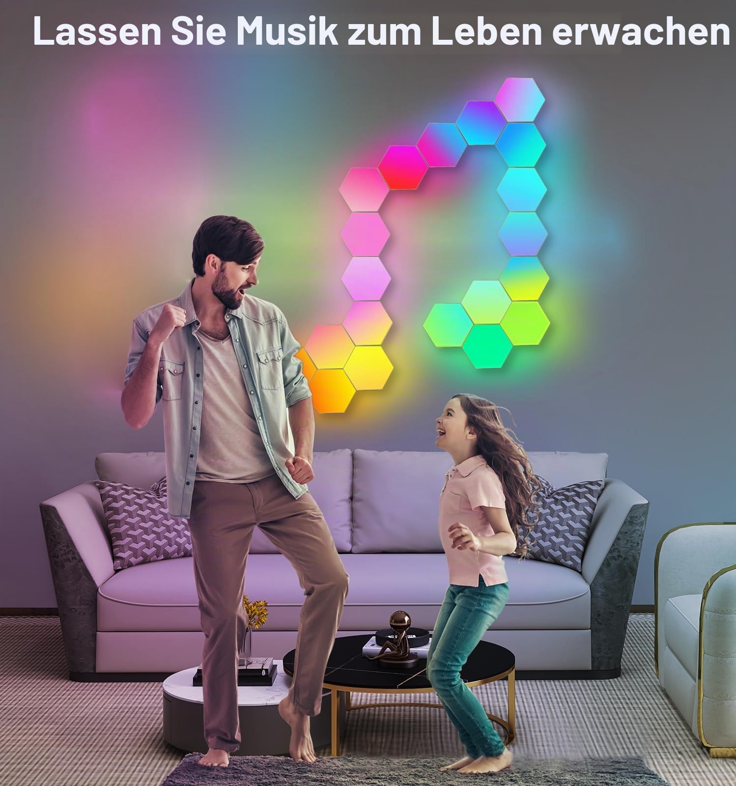Hexagon LED Panel Große, Smart Home Gaming LED Sechseck Wandleuchte RGBIC Funktioniert mit Alexa Google Assistant, Sprach-/App-Steuerung, Musik-Sync, DIY Zimmer Deko für Gaming Wohnzimmer, 10 Paneele