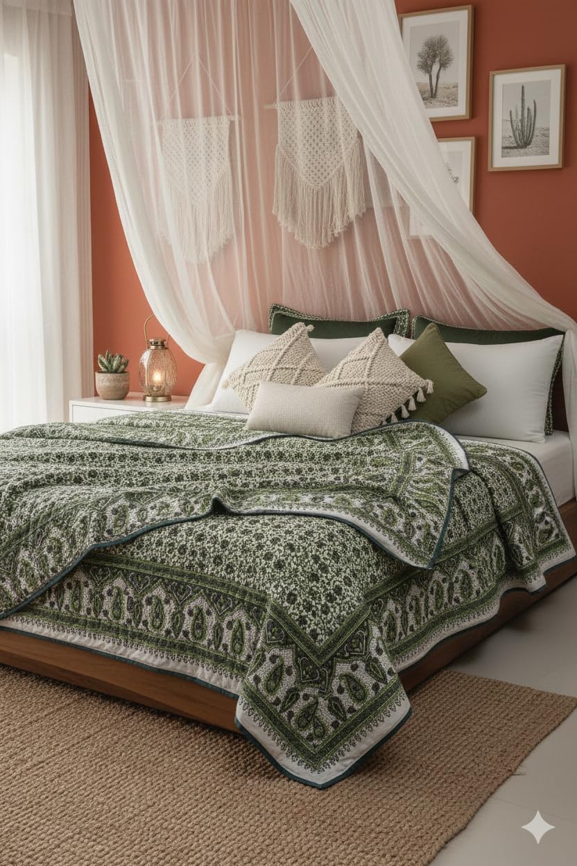 ans 100% Cotton Jaipuri Razai Double Bed – Hand Block Printed Reversible Winter Quilt | Floral Sanganeri Print Lightweight AC Comforter & Rajai (Green)