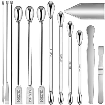 Artcome 304 Stainless Steel Lab Tool Set 13 PC Sampling and Measuring Kit, Includes Double-Ended Spoons, Spatulas, Long Stirring Spatula, Reagent Wighting Tray, Ideal for Laboratory & Industrial Use