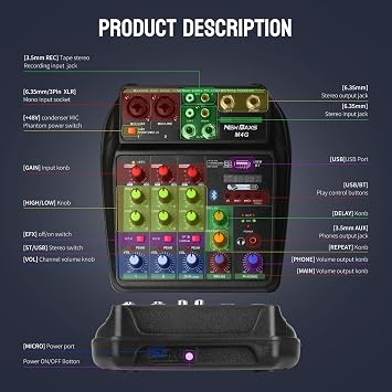 DJ Audio Mixer, DJ Mixer, 4 Channel Soundboard with Bluetooth, NEW BAXS Sound Mixer Board XRL/1/4 Interface, USB/MP3 Computer Input, 48V Phantom Power, Stereo, DJ Studio, Streaming KTV