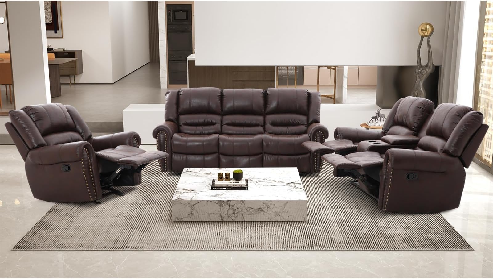 EBELLO Faux Leather Manual Loveseat Recliner, Reclining Sofa Chair, 3 Seat Sofa Couch for Living Room, Bedroom Furniture, Meeting Room, Dark Brown (Recliner+Loveseat+Sofa)