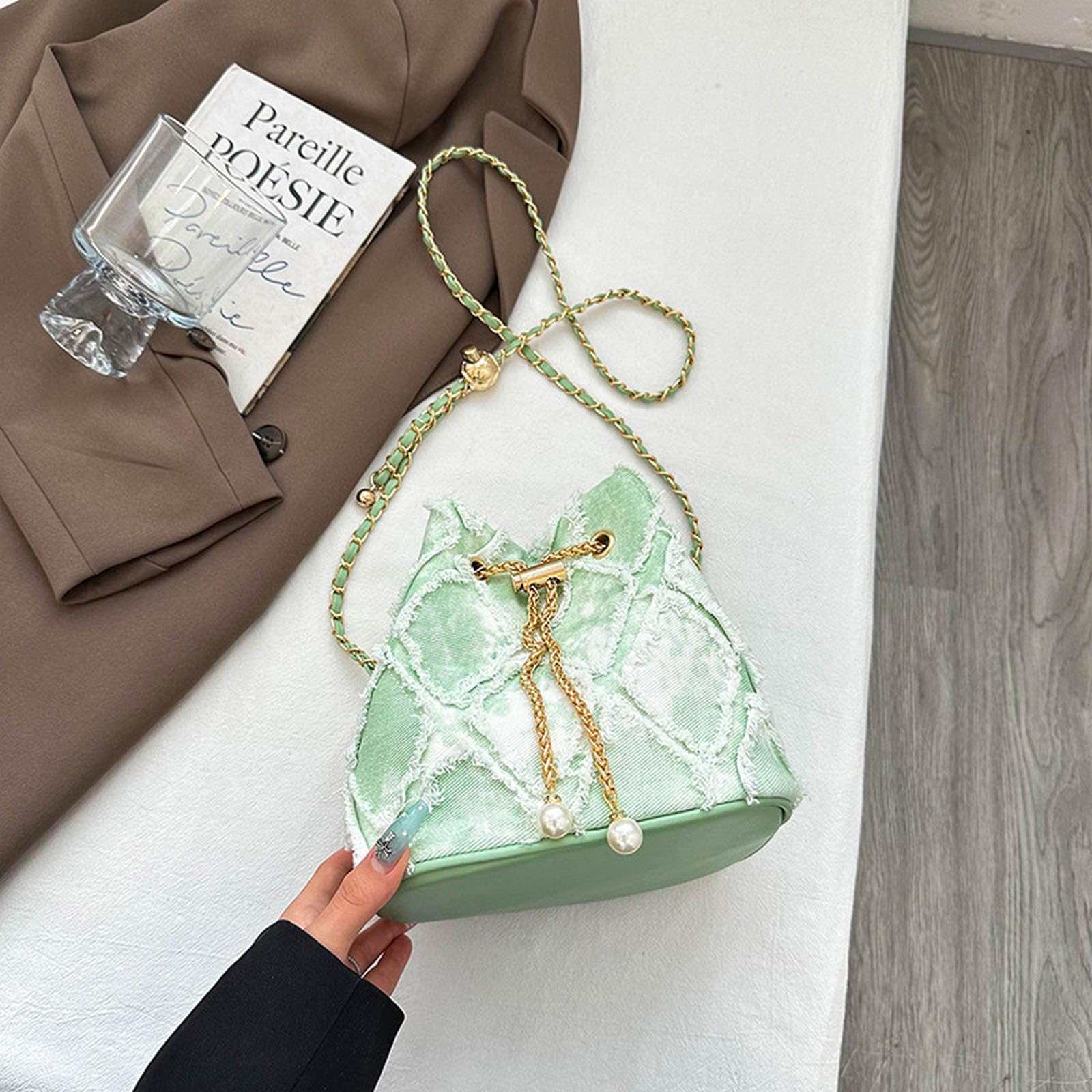 Mini borsa a tracolla da donna in denim con coulisse trapuntata con nappe invecchiate a forma di botte, borse a tracolla regalo