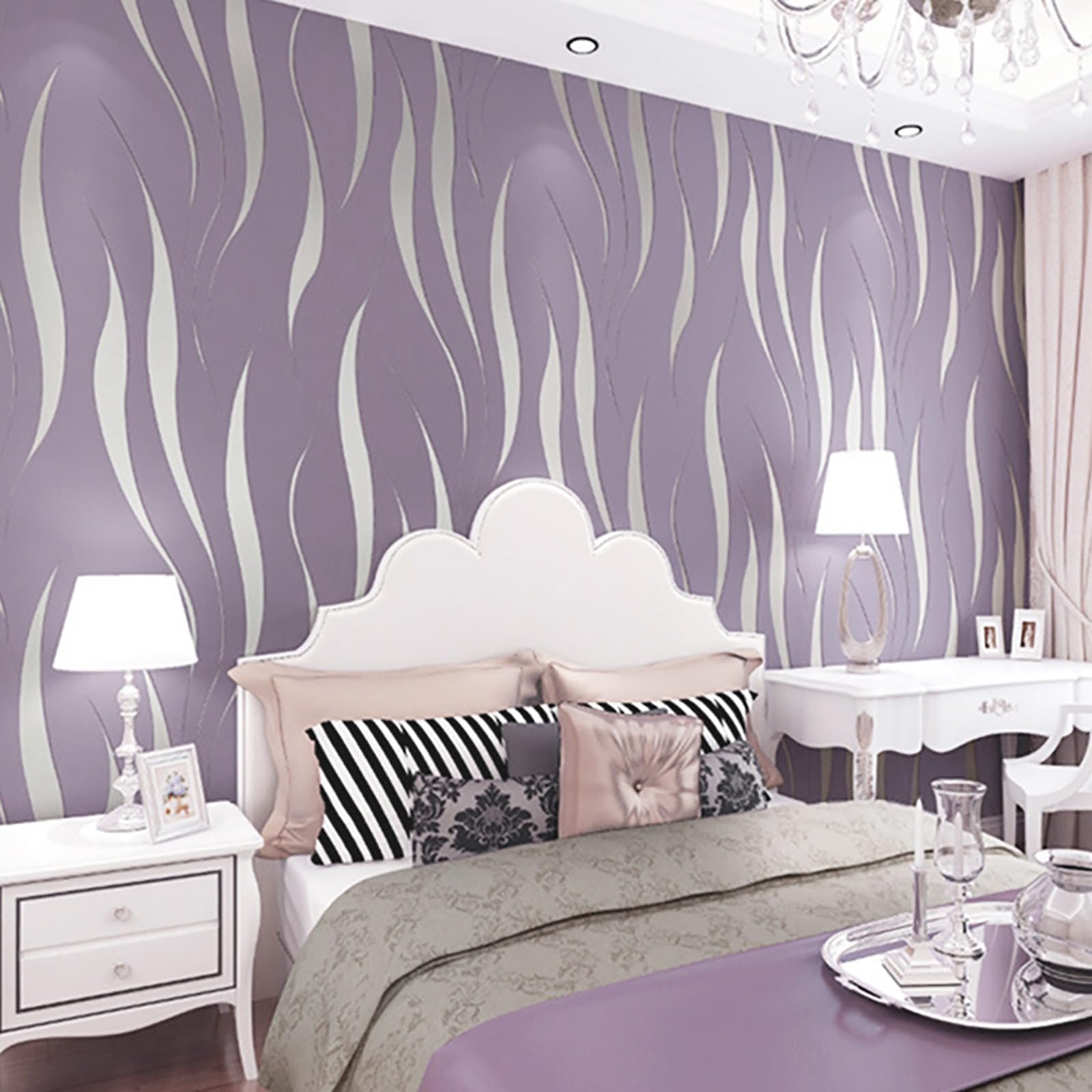 Trafagala 3D Effect Embossed Wallpaper Non-Woven Wave Stripes Roll for Livingroom Bedroom Kitchen Purple