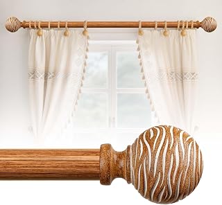 TKZTKZ Boho Wood Curtain Rods for Windows 36-88",1 Inch Heavy Duty Wooden Curtain Rod,Decorative Rustic Farmhouse Drapery Rods for Bedroom Living Room Kitchen Nursery (Iron Rod with Wood Grain Finish)