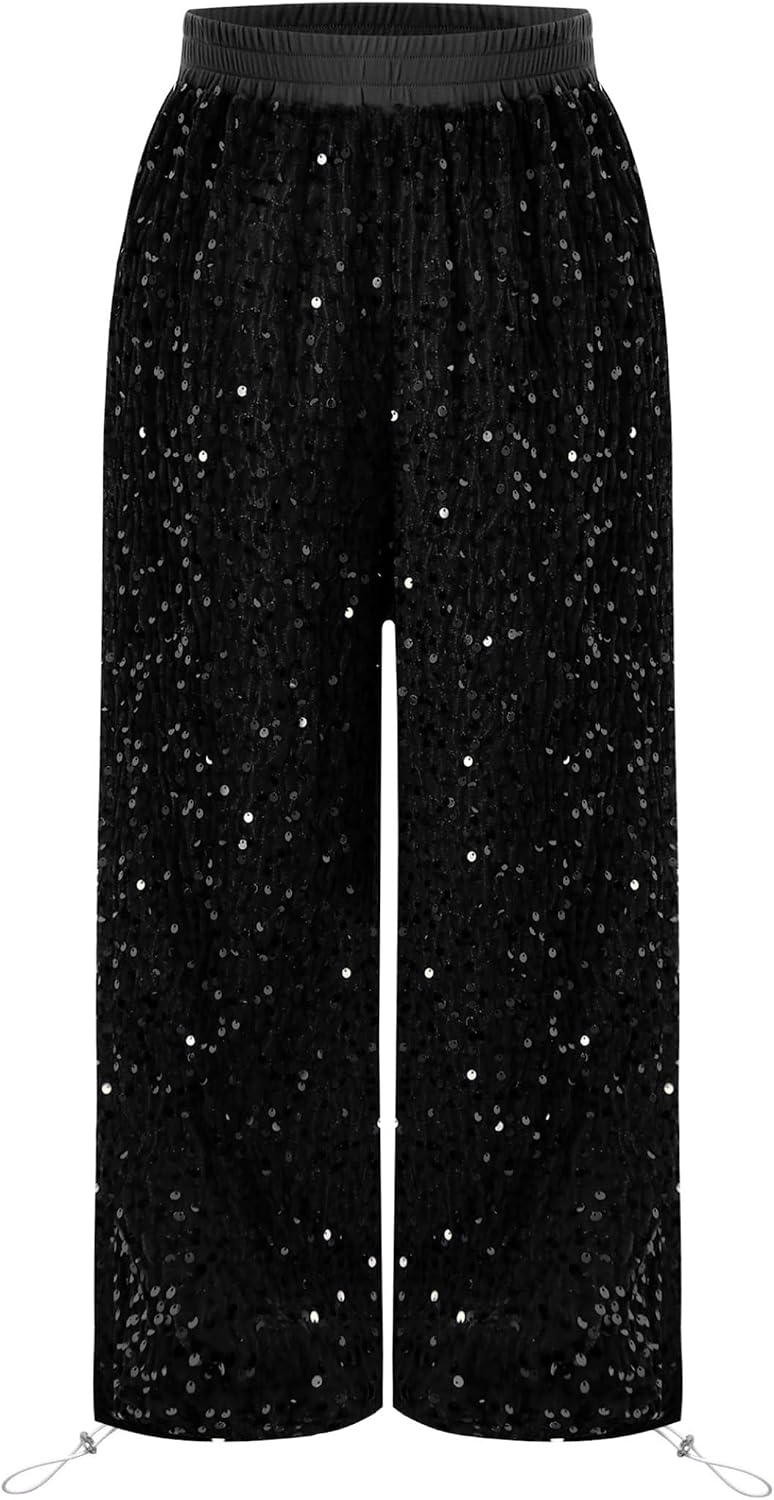 Kids Girls Glitter Sequins Velvet Jazz Hip-hop Street Dance Pants Christmas Disco Party Trousers Dancewear