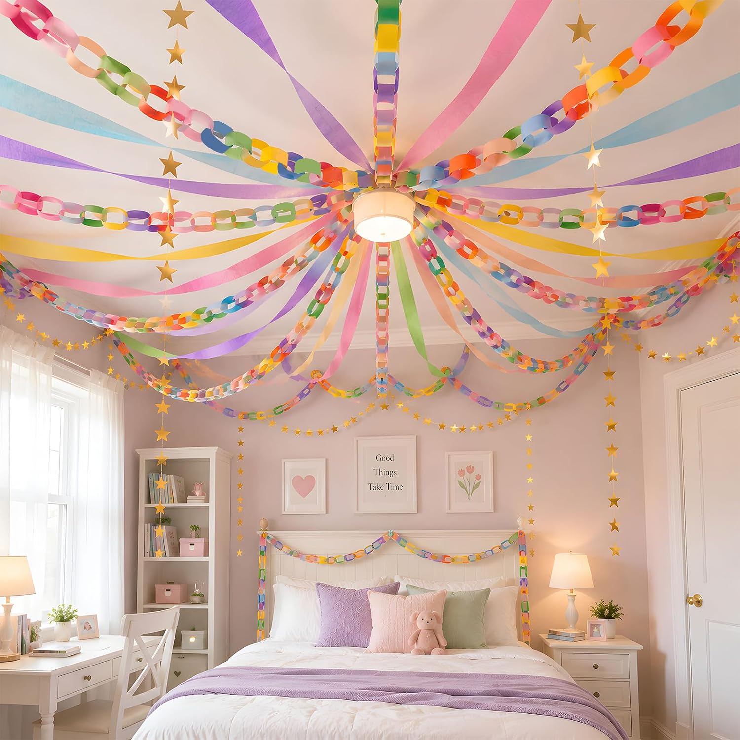 Xzentira 600 Sheet Paper Chain Garland Strips 1x8 Inch and Mirror Star Garland 13 with Double Sided Tape, DIY Construction Paper Chains for Birthday Wedding Holiday Party Decorations, Crafts Supplies