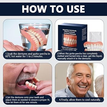 Functional Dentures,Soft Adjustable Silicone Dentures Teeth Top and Bottom,Natural-Looking Comfortable Fit for No Teeth Women & Men