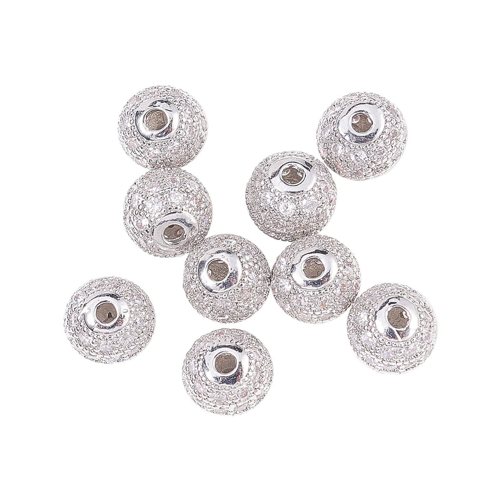 LiQunSweet 10 Pcs Cubic Zirconia Brass Clear Crystal CZ Stones Pave Micro Setting Disco Ball Spacer Beads Round Charms Beads for Jewelry Making - 8mm