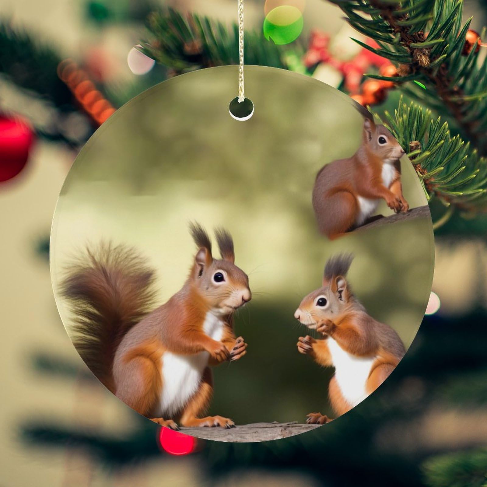 Cute Squirrels Christmas Ornament for Christmas Tree Ceramic Round Ornament Winter Holiday Keepsake Gift 2.7" Christmas Tree Hanging Decorations Circle Ceramic Pendant Xmas Gift