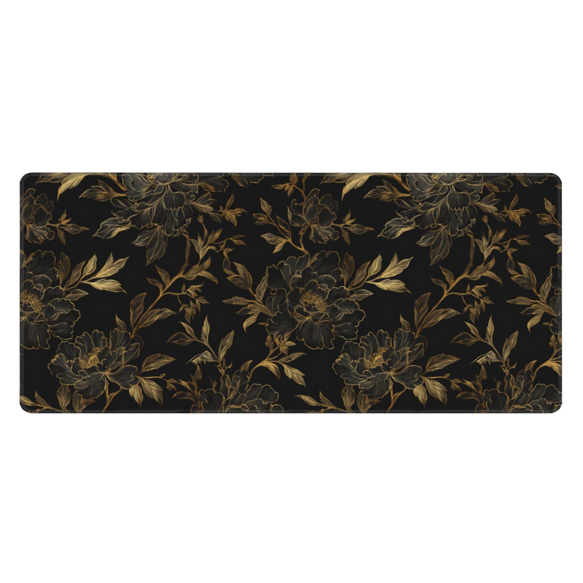 Black and Gold Flowers Extended Gaming Mouse Pad, with Stitched Edges Large Mouse Pad Desk Protector, Rubber Base Mousepad Keyboard Mouses Mat for Work Game Office Home- 32" X 12" Inch,E143