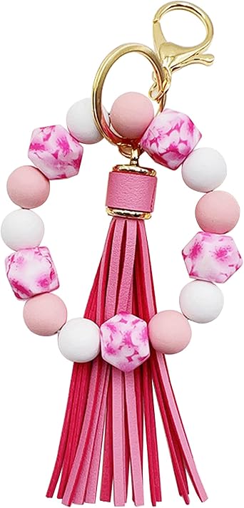 Silicone Beaded Bracelet Keychain Key Ring for Women, Key Chain with PU Tassel, Car Keyring Wristlet Bag Pendant