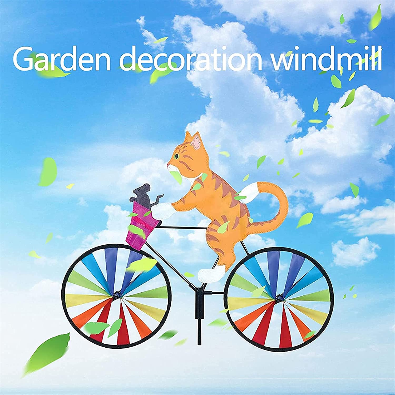 Moulin à vent en forme de vélo avec motif de dessin animé - Pour décoration extérieure - Chat jaune