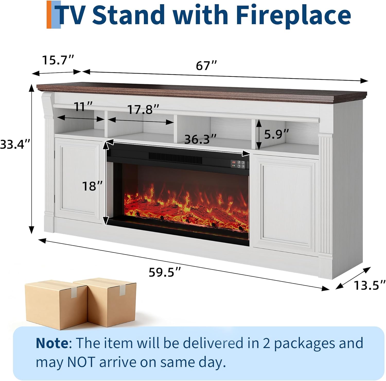 68" Farmhouse Electric Fireplace TV Stand for TV Up to 75", Entertainment Center with 36'' Fireplace, Console Table TV Cabinet with Open Storage Shelves for Living Room
