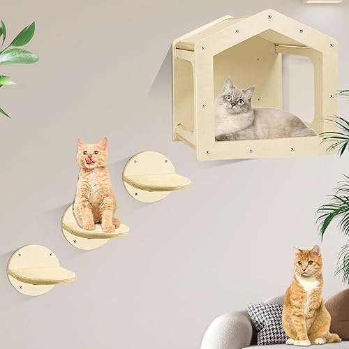 Estantes de pared para gatos, estantes y perchas para pared, casa para gatos para gatos de hasta 25 libras, 1 casa condominio para gatos y 3