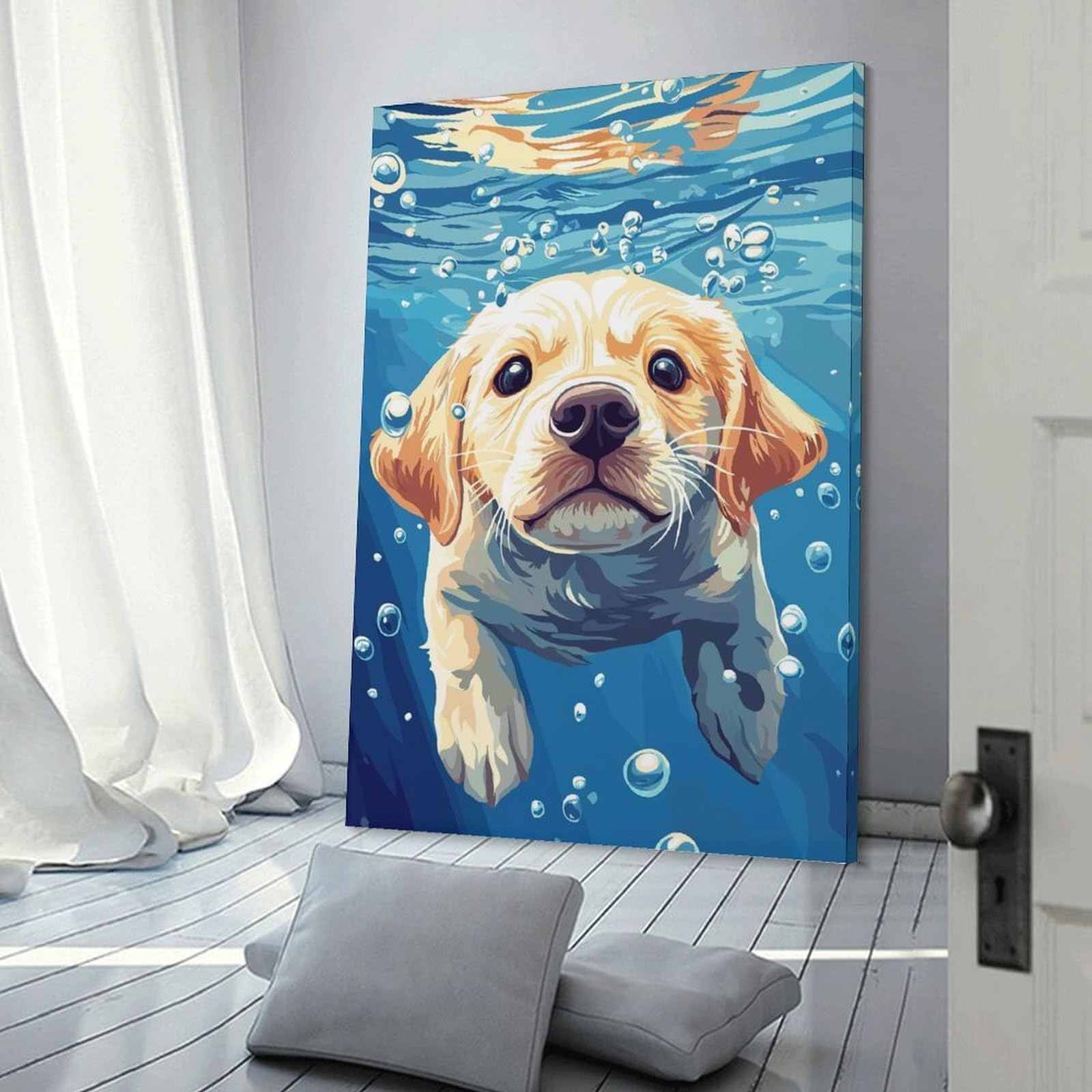 Junmoney Frame-Style-21 Underwater Puppy Portrait Room Decor Wall Art, 20X30inch(50X75cm), For Living Room, Bedroom, Office Or Hallway, Decorative Artwork With Broad Appeal
