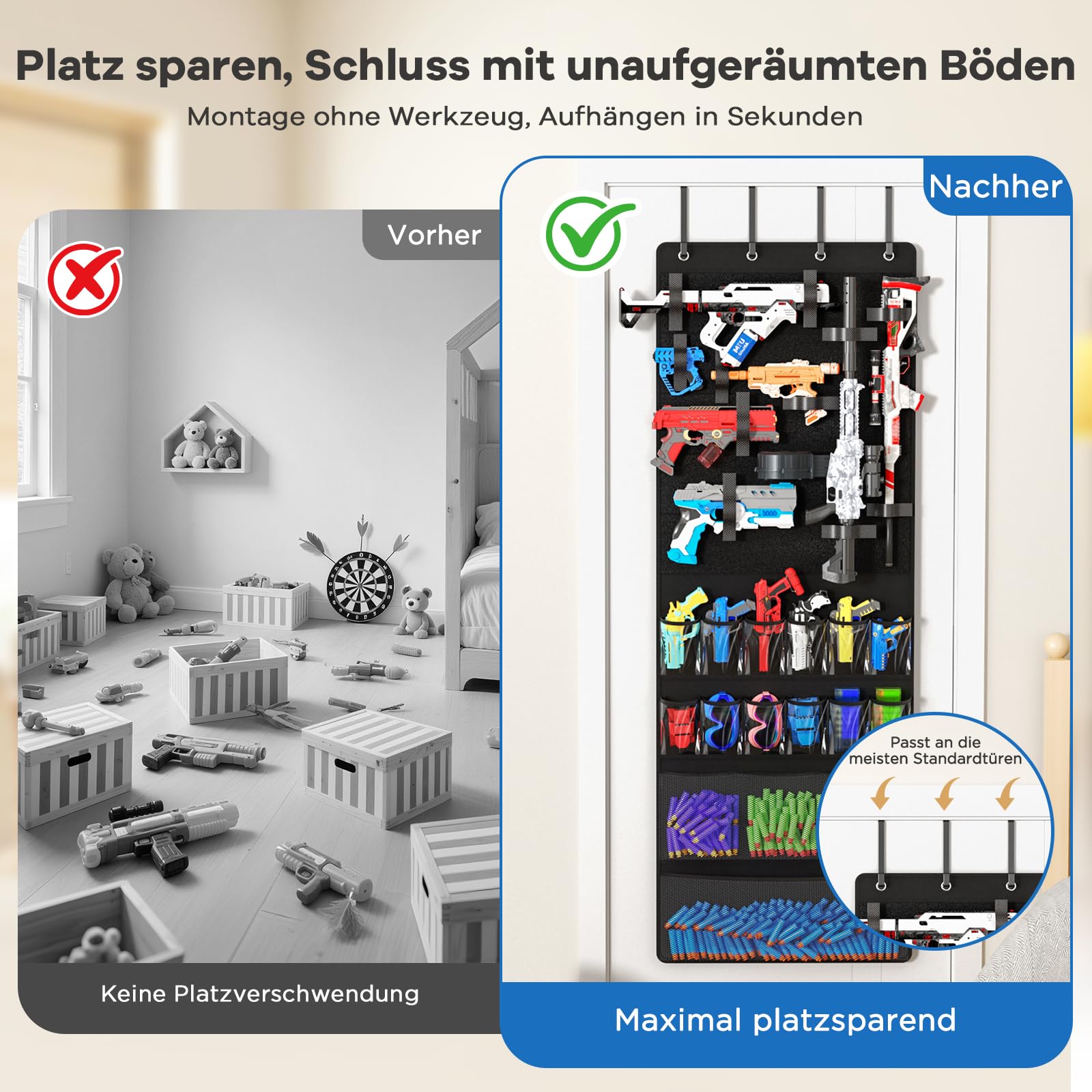 Über-der-Tür-Organizer für Spielzeugpistolen, Aufbewahrungstasche mit Fächern & Klettbändern – für Schaumstoff-Blaster, Darts, Schutzbrillen – Platzsparender Türorganizer für Kinder- & Spielzimmer