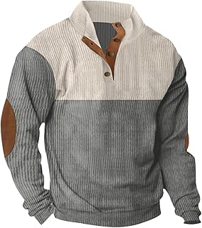 Cobiako Men's Quarter Button Quilted Sweatshirt Classic Long Sleeve Elbow Patches Stand Collar Color Block Sweatshirts