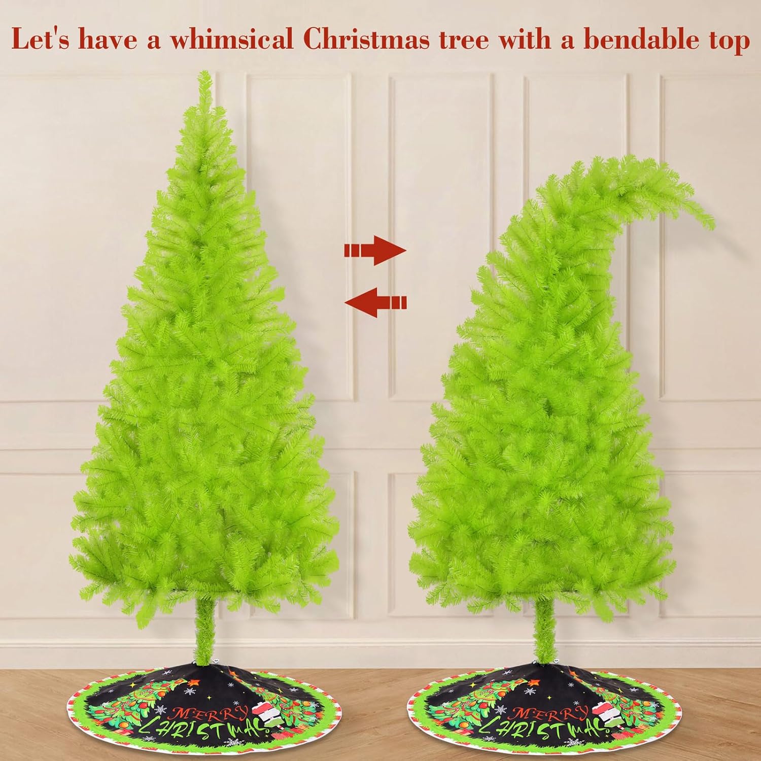 Christmas Tree 6ft, Top Bendable Lime Green Xmas Tree with Tree Skirt, Whimsical Artificial Christmas Tree for Christmas Decorations.