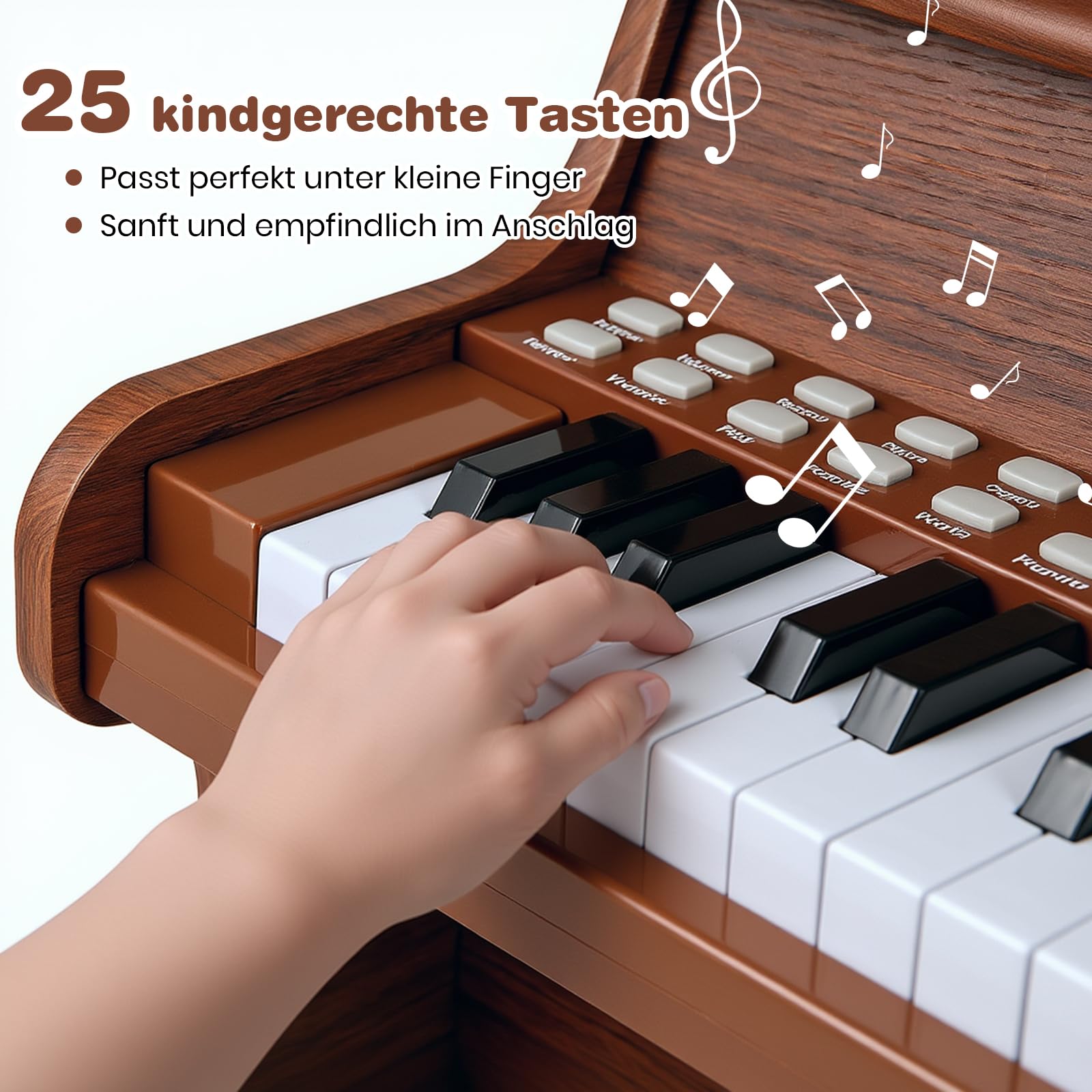 GOPLUS Klavier Kinder, 25 Tasten Leuchttasten-Piano, elektrisches Holzklavier mit abnehmbarem Notenhalter, Lehrmodus, einstellbare Lautstärke, Musikinstrument für Kinder ab 3 Jahren (Braun)