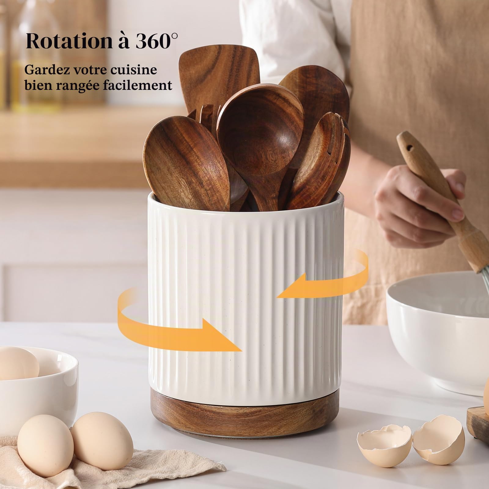 DOWAN Porte-ustensiles de cuisine rotatif en céramique, grand récipient pour ustensiles de cuisine, grand récipient pour cuillères de cuisine, rangement d'ustensiles de cuisine, blanc avec relief