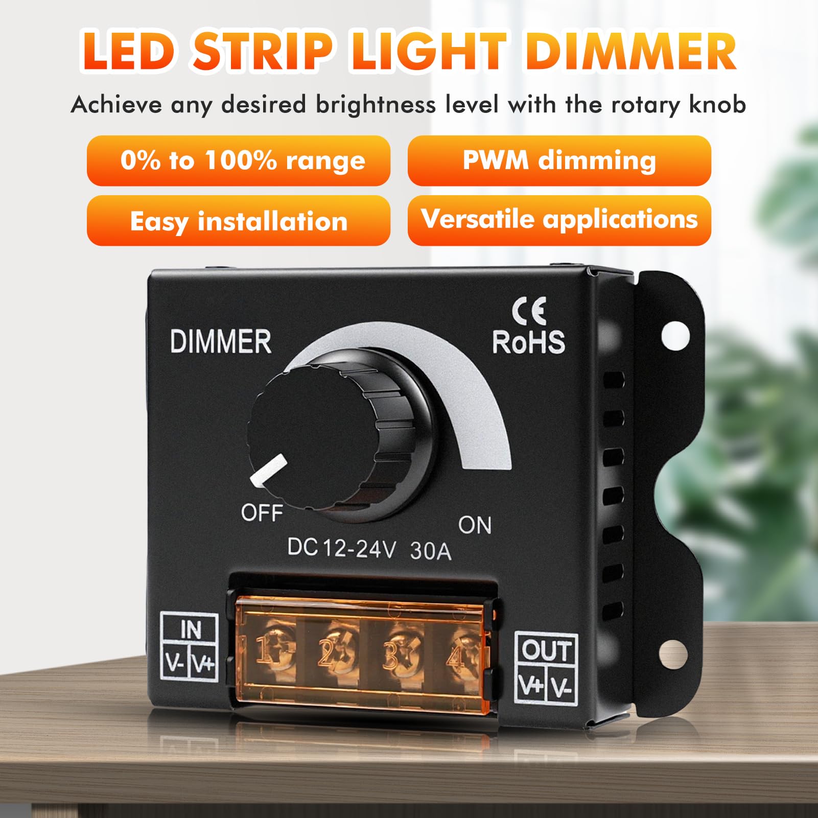 Controlador dimmer led DC12V-24V 30A PWM Dimming interruptor regulador de intensidad led con mando giratorio de ajuste de brillo Apto para tiras de luces LED