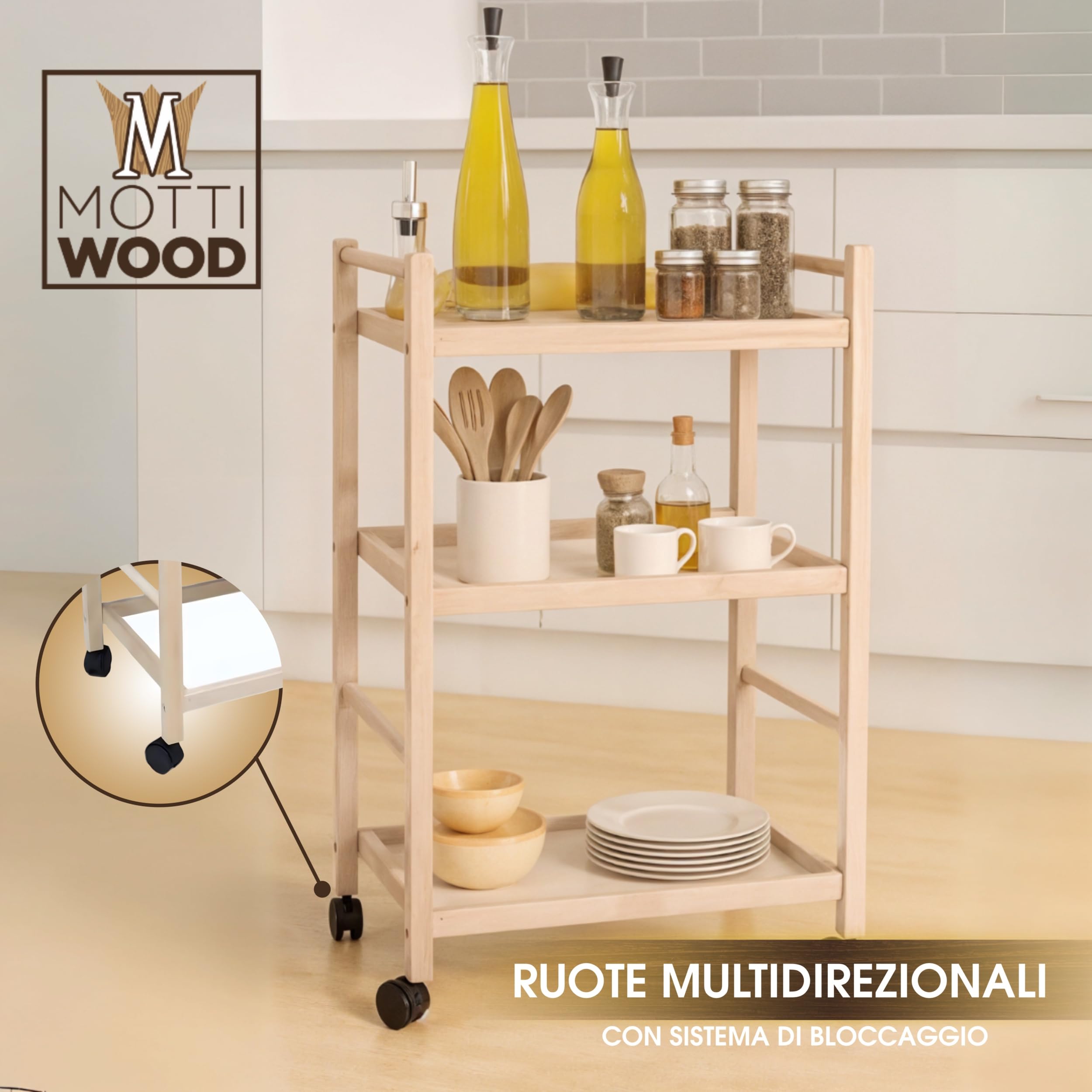 Carrello Multiuso, 3 Ripiani, 100% Legno Faggio, 28x40xh64.5 cm, Con Rotelle