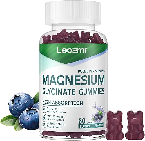 Gomitas de glicinato de magnesio de 1000 mg  Suplemento de magnesio y potasio sin azúcar con vitamina D, B6, CoQ10 para un estado de ánimo tranquilo