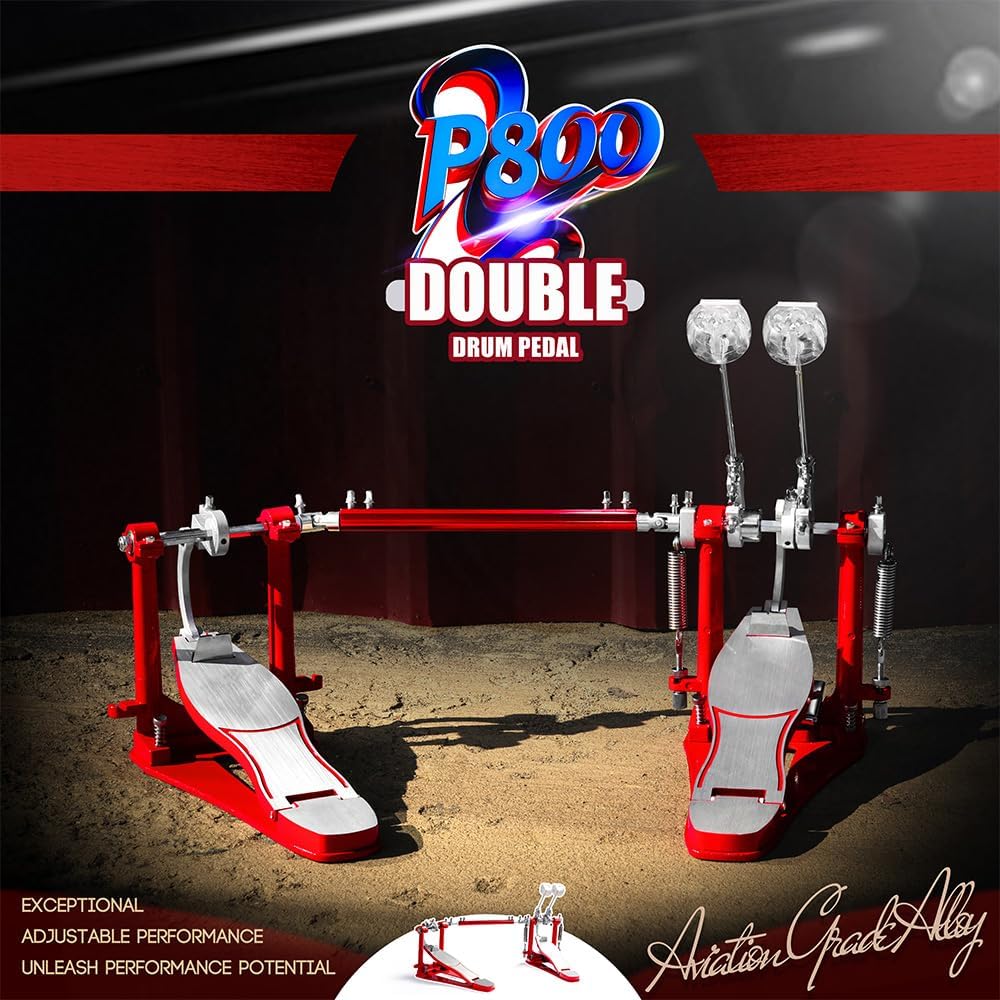 P800 Direct Drive Double Bass Pedal - Aerospace Grade Materials, One-Piece Construction for Drum Set (Double) Red