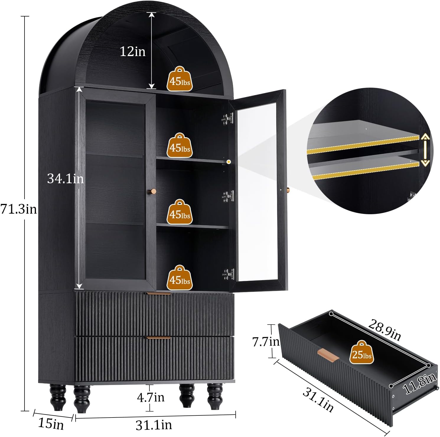 Nasonet 71" Tall Arched Pantry Cabinet with Glass Door, Fluted Kitchen Storage Cabinets with Shelves and Large Drawers, Wooden Buffet Cabinet Credenza for Living Room, Entryway, Coffee Station, Black