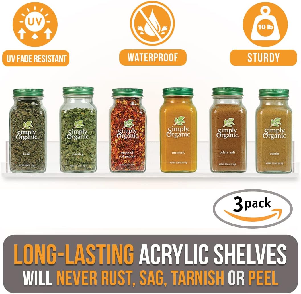 Wall Mounted Spice Rack Shelves [3-Pack] - Clear Acrylic 15" Spice Shelves with Open Shelf Ends