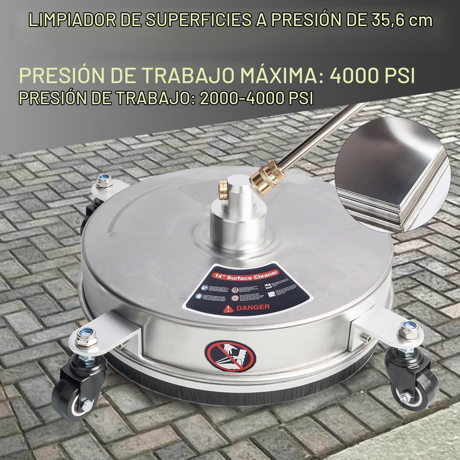 Limpiador de Superficies a Presión, Limpiador de Superficies de Acero Inoxidable con 4 Ruedas,2 Varillas de extensión, 4000 PSI