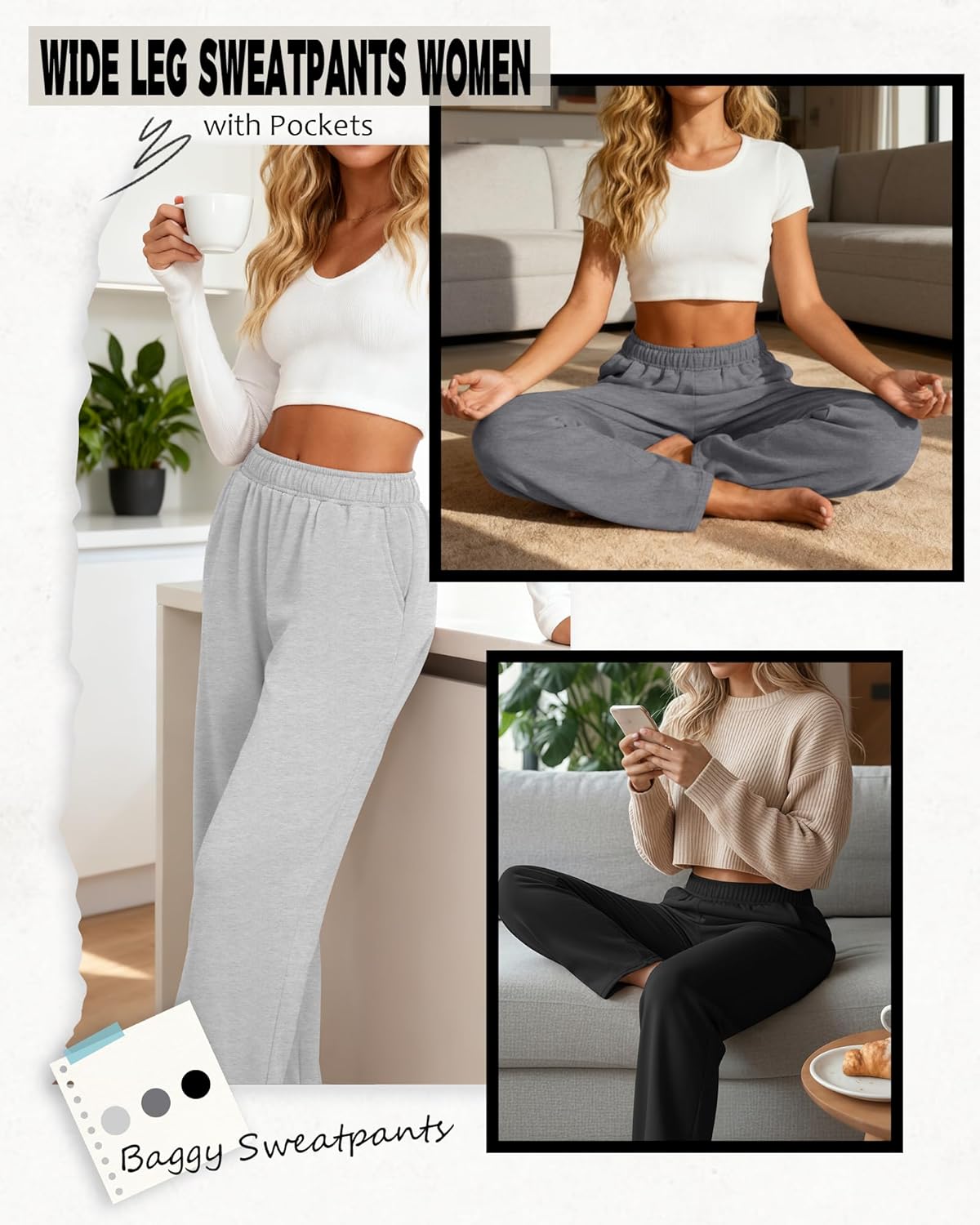 3 Packs Women's Wide Leg Pants Built-in Drawstring Sweatpants Soft Baggy Lounge Yoga Pants with Pockets - Image 3