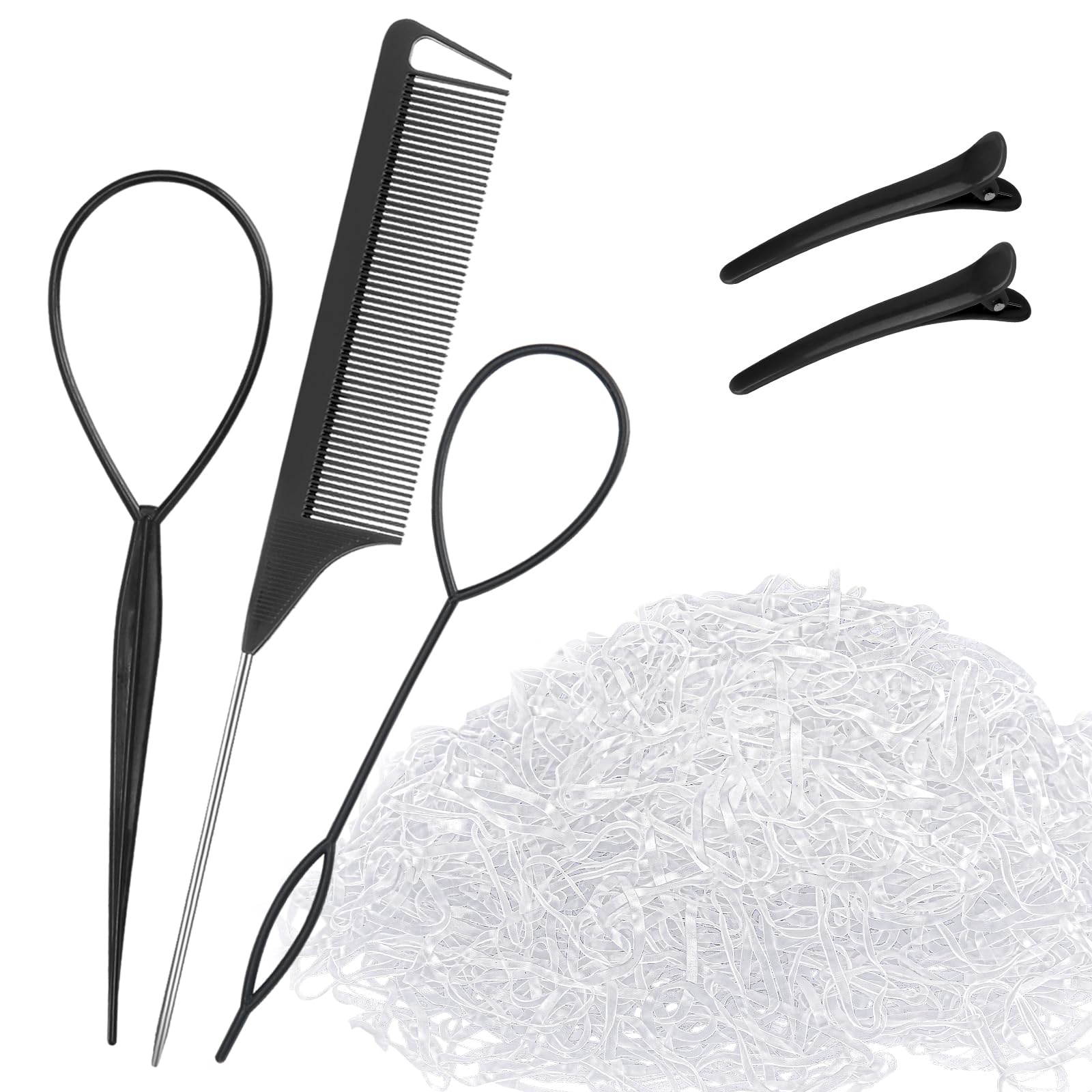 1000pcs Small Clear Hair Elastics with Topsy Turvy Hair Tool Rat Tail Comb Duckbill Clips, Ponytail Accessorie for Toddlers, Girl, Women